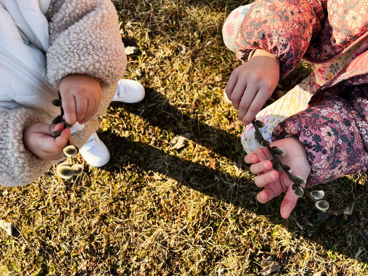 Dos niños sosteniendo brotes de sauce disfrutando actividades al aire libre