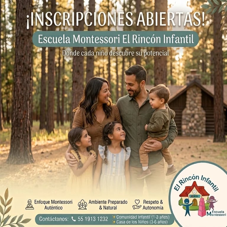 Man and woman with three children in a forest setting, promotional poster for Escuela Montessori El Rincón Infantil with open enrollment information and contact details