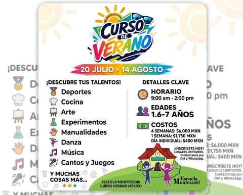 Curso de Verano 2026 - Summer camp para niños de 2 a 7 años en Coyoacán CDMX. Actividades: deportes, cocina, arte, manualidades, baile, música y juegos del 20 julio al 14 agosto en Rincón Infantil Montessori San Lucas Coyoacán