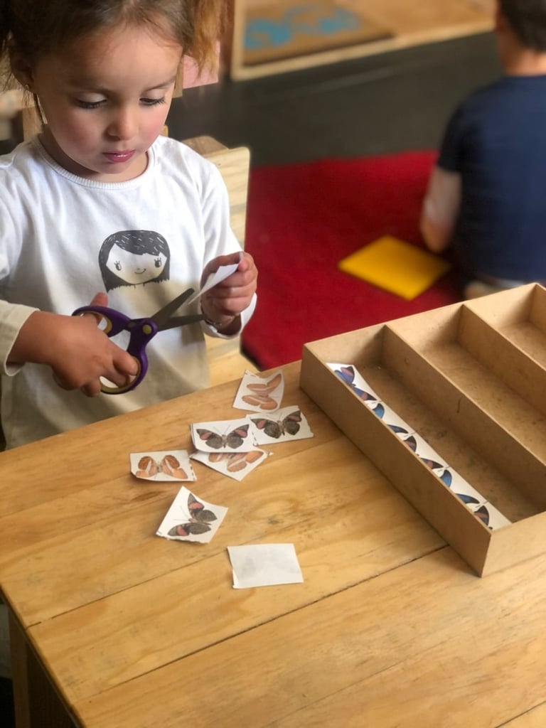 Young child at wooden table cutting butterfly cards with scissors, wooden sorting boxes nearby